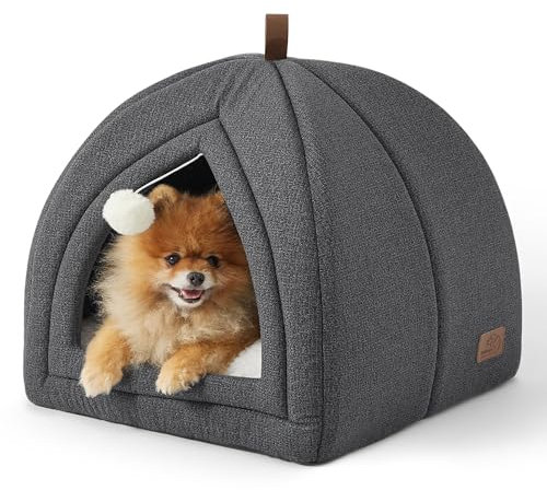 BEDSURE Katzenbett große Katzen Katzenhöhle- 44x44x44 cm Katzenhaus Indoor mit abnehmbarem Sherpa Katzenkissen und hängendem Spielzeug, Katzen Bettchen waschbar, dunkelgrau