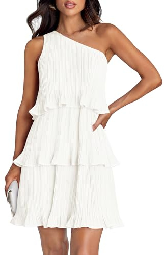 ZESICA Women's 2025 Summer Sleeveless Mini Dress Boho One Shoulder Ruffle Tiered Layered Flowy A Line Dresses,White,Small