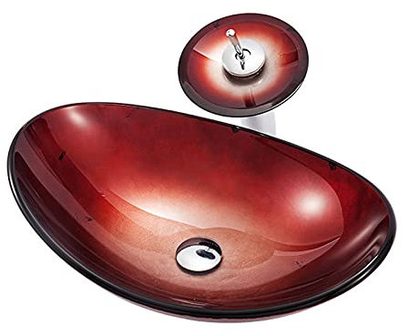 Badezimmer-Waschbecken, Waschbecken aus gehärtetem Glas, rote ovale Schüssel, Waschtisch-Einbauwaschbecken mit Wasserfall-Wasserhahn, Pop-Up-Ablauf,C