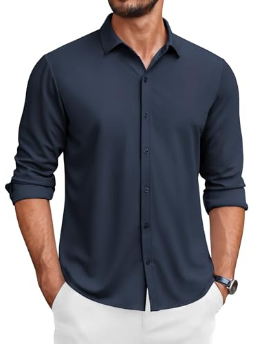 COOFANDY Chemises Hommes Casual Chemise Homme Manches Longues Regular Fit Couleur Unie Business Casual Chemises Bleu foncé L