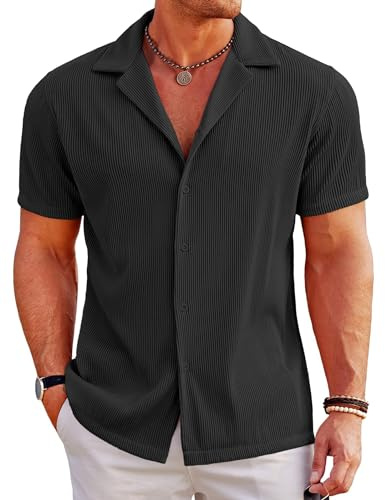 COOFANDY Camisas Hombre Manga Corta Regular Fit Camisas Verano Camisa Casual Hawaiana Camisa Playa Negro M