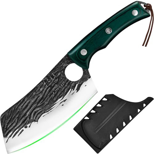 FULLHI Cuchillo de Carnicero con Funda, Cuchillo de Chef Serbio, Cuchillo de Cocina Forjado de Acero al Carbono, Cuchillo de Carne, Cuchillo de Cocina para el hogar (Verde, Cuchillo Asiático)
