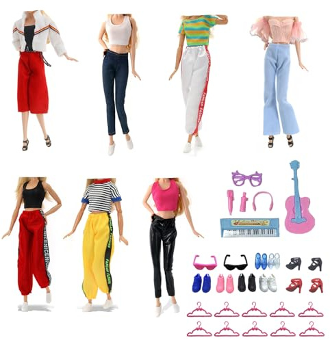 Doll Clothes and Accessories Compatible with Barbie Dolls, Including Fashion 6 Top 6 Pants 10 Hangers 6 Pair of Casual Shoes 6 Music Accessories 1 Cool Glass in Random for 11.5 inch Dolls