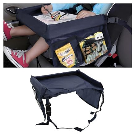 CGEAMDY Bandeja Coche Niños, Mesa Para Niños Asiento Coche, Mesas Infantiles Para Asiento Trasero Coches Accesorio De Coche Fácil Limpiar Con Bolsillos Laterales Para Asientos Coches(Azul Marino)