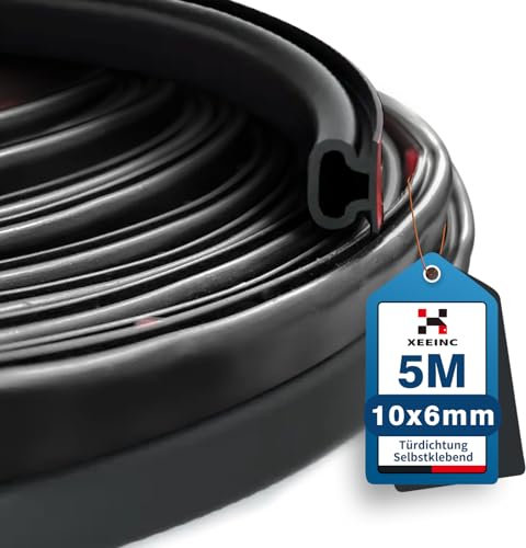 XEEINC 5m Guarnizione Porta Finestra, 10mm(L) X 6mm(P) Gomma Paraspifferi Guarnizione Adesiva per Finestre Porta Blindata, Isolamento Acustico, Anti-Collisione - Nero