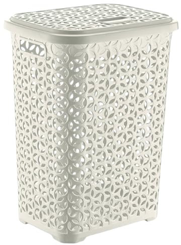 BH | 60L - Plastic Laundry Basket With Lid| White | Large | Knitted/Rattan Style | With Lid | Durable, Lightweight | Clothes Washing Bin Basket Hamper for Bathroom Bedroom (Pack of 1) - By BEST HOUSE