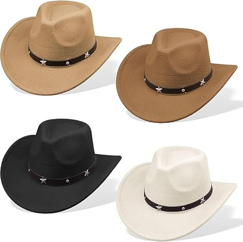 TESIN Lot de 4 chapeaux de cowboy occidentaux à large bord en feutre avec boucle de ceinture pour homme et femme, Noir, blanc, kaki, marron, 57