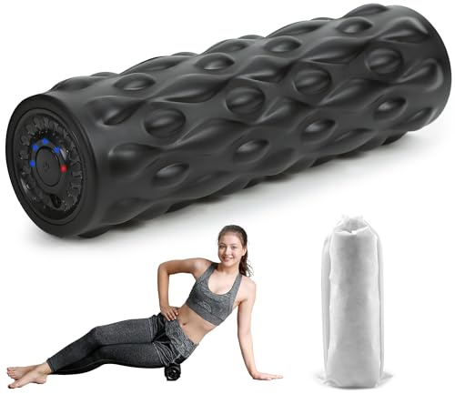 Rodillo de espuma vibratoria de alta densidad negro con 4 velocidades personalizables para masaje de tejidos profundos, recuperación muscular y alivio del dolor, recargable con bolsa portátil