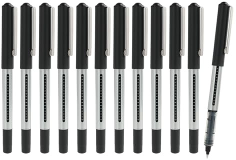 Mewtush 12PCS Bolígrafo de Tinta Líquida Negra, Bolígrafo de Tinta Líquida, Bolígrafo Roller Tinta Líquida, Bolígrafos de Secado Rápido de 0,5mm para Oficina, Hogar, Escuela y Empresa