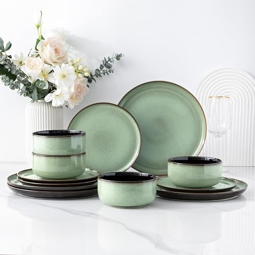 LeRatio Dinner Set for 4, 12 Pieces Stoneware Plates and Bowls Set, Chip & Scratch Resistant Reactive Glazed Dinnerware Set, Dishwasher & Microwave Safe Crockery Set, Grass Green