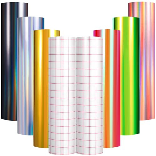 PHOGARY Vinylholografisk vinylfolieplotter med 2 överföringsblad, 30,5 x 30,5 cm, plotterfolie, självhäftande, plotterfolie, vinyl för pysselskärare, skrivare, silhuettbokstäver, hantverk
