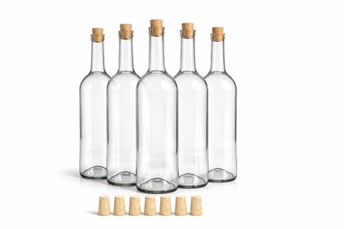 Taninea Botellas Cristal Vacías para Vino 750 ml Blanca/Transparente con Corcho Cónico Natural – Pack 6 – Tipo Bordelesa – Reutilizables para Vino Casero, Licores, Aceites y Vinagres