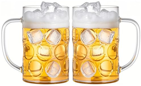 Komost Plastic Beer Glasses 500ml, Set of 2 Clear Beer Mugs with Handles, Reusable Beer Stein Drinking Cups for Club, Bar & Party