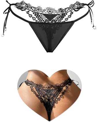 sunshinelady G String Tanga Damen Sexy Dünn Brasilien Slip Mit Stickerei Blumen Mesh Unterwäsche Low Waist Bändchen Unterhosen Große Größen Micro Bikini T Back Dessous Reizwäsche Thongs Schwarz M