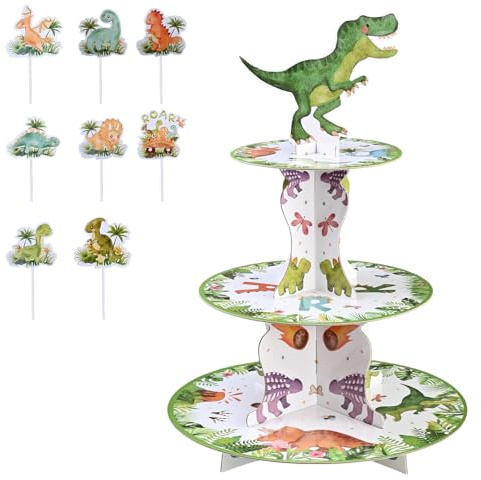 3 nivåer dinosaurie muffinsställ dessertställ med 16 st dinosaurie cupcake-toppar, dinotema födelsedagsfest tillbehör dinosaurier födelsedagsfest dekorationer för barn