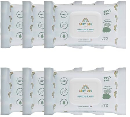 BABYLOU CARE | Lingettes à l'eau 6x72 sachets | 99% d'eau | Douces & apaisantes | Convient dès la naissance | Adaptées aux peaux sensibles | 99,7% d'ingrédients d'origine naturelle | Made in France
