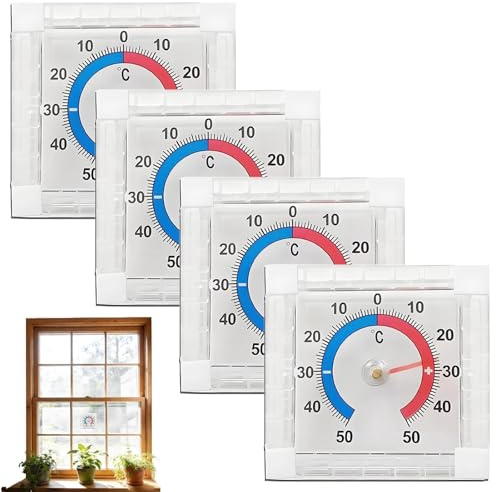 4 unidades de termómetros para ventanas y exteriores, 7,5 x 7,5 cm, analógico, resistente a la intemperie, para ventanas y exteriores, medición de temperatura en el hogar y al aire libre