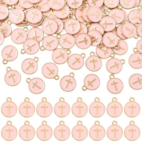 LEGENTLISUR 100 piezas de charms de cruz de esmalte, colgantes para pulseras, cruz plana redonda de aleación, lote de colgantes para fabricación de rosarios y joyería cristiana, 15x12x2mm, Metal, Sin