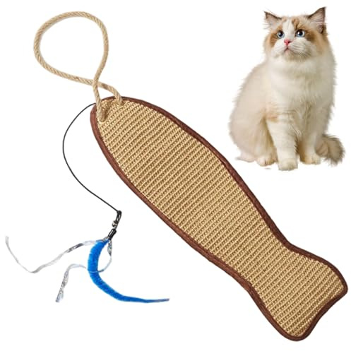 Griffoir à chat suspendu 5, 2 x 20, 9 pouces Tapis à gratter en sisal en forme de poisson avec plumes teaser Tapis gratter pour chat monté sur porte pour la protection des meubles muraux et le j