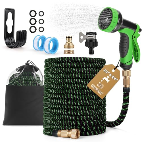 Tubo Acqua Giardino Estensibile 30m, Pistola Acqua a 10 Modalità di Spruzzo, Tubo Flessibile Antigroviglio con con Adattatori 1/2 e 3/4, per Autolavaggio, Giardino, Prato, Bagni Animali