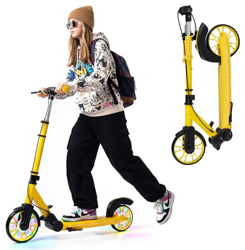 COSTWAY Patinete Plegable con LED Luminosas, Scooter Urbano de Altura Ajustable de 3 Nivles, Patinete Aluminio Ligero de 2 Ruedas para Adolescentes y Adultos, Niños 6+ Años, Carga 100kg