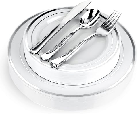 125-Piece White and Silver Fancy Plastic Plates Disposable with Silverware, Elegant Dinnerware for Weddings, Holiday Party China, Set of 25 Dinner + Salad Plates, 25 Spoons, 25 Forks, 25 Knives