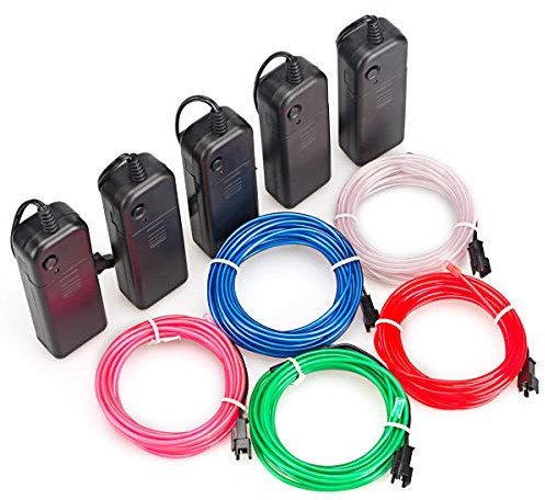 cuzile Flexibel 5 Stück 9.9FT 3 m Neon Beleuchtung Draht Lichtschlauch Leuchtschnur El Kabel Wire mit 3 Modis Elektrolumineszenz EL Wire Rope für Partybeleuchtung(rot grün blau weiß Rosa)