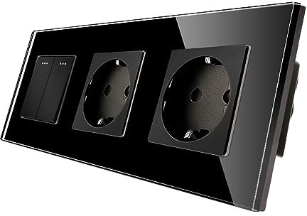 CNBINGO Doppelsteckdose mit Lichtschalter unterputz, Schwarz Wandschalter mit Glasplatte, mit Leuchtstoffpunkten, 2-Fach, 1- poliger Ausschalter