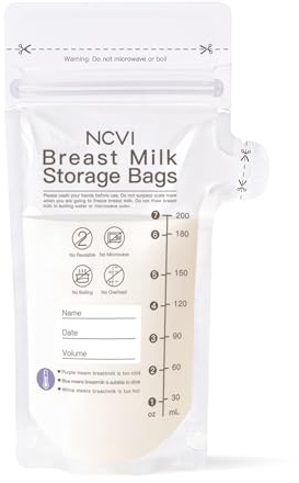 NCVI Breastmilk Storage Bags, 180 Count Milk Storage Bags for Breastfeeding, 7oz Breast Milk Storage Bags with Temp-Sensing, Doubled-Sealed, Hygienically, Self Standing, Easy Pour Spout, BPA Free