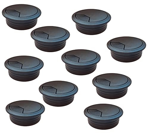 10er Set - Kabeldurchführung Schreibtisch - 10 Stück Kabeldurchlass mit Staubdichtung für diverse Büro Schreibtische & Arbeitsplatten | runde Kabeldose aus ABS Kunststoff | Kabelauslass 80mm Schwarz