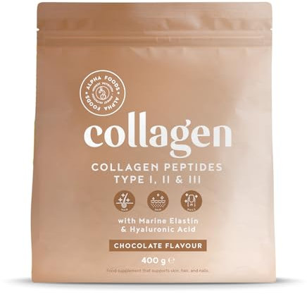 Collagen Pulver [400g] | Premium Kollagen Hydrolysat | Peptide Typ 1, 2 & 3 | Hochdosiert Kollagenpulver mit Hyaluronsäure und Elastin | Schokoladengeschmack | in Deutschland hergestellt | Alpha Foods