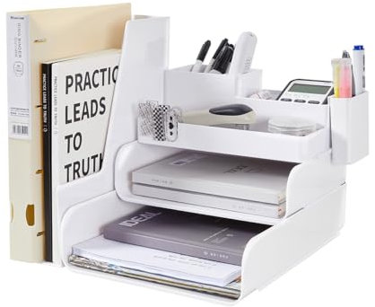 Schreibtisch Organizer mit Aktenhalter,3 Tier Briefablage Ablagefächer mit 1 Stifthalter, Schreibtisch Ablage Zeitschriftenhalter für Büro bedarf Dokumentenablage