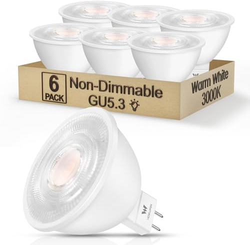 WOWLUMEN MR16 LED Bulbs, 5W LED Light Bulb(50W Equivalent), 3000K Warm White, 500 Lumens, Non-Dimmable, GU5.3 Bi-Pin Base, Energy Saving, 40°Beam Angle,15,000 Hour Lifetime,6 Packs-UL Listed