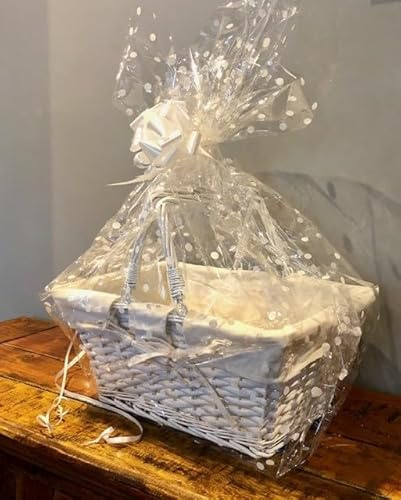 Shopping Basket Split Willow Wicker Hamper kit with Lining includes Cellophane & Bow Buff or White Picnic Storage Gift with Folding Handles (White)