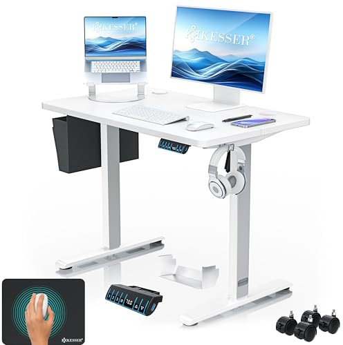 KESSER® Höhenverstellbarer Schreibtisch elektrisch 100cm x 60cm | Ergonomisch Steh-Sitz Schreibtisch | 3-Funktions-Memory Steuerung | Inkl. 360° Rollen & USB-Ladeanschluss Computertisch für Homeoffice