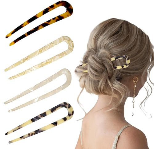 JAMSSOW 4 Stück U-förmige Haarnadeln Französischer Stil,Haarnadel mit französischer Drehung,Haarnadel Gabel,Updo Haarspangen,Schildkröte Haargabel Haar Stöckefür Frauen und Mädchen