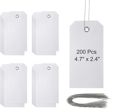 PATIKIL Fraktetiketter i plast med tråd 10 cm x 6 cm, 200 stycken tomma vattentäta hängetiketter med sladdar, etiketter för märkning, bildelar, bagage, vit