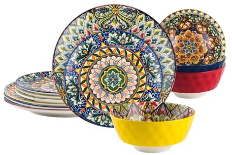Servizio da Tavola da 12 Pezzi, Servizio Piatti in porcellana per 4 persone, Stoviglie Colorate in 4 Piatti Piani, 4 Piatti da Dessert, 4 Ciotole per Insalata, Stile Bohémien
