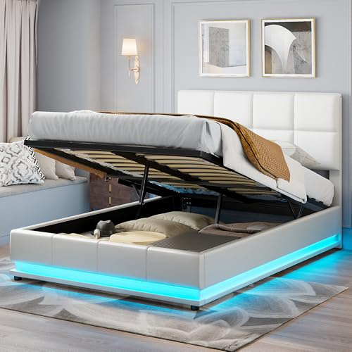 JYNVO Hydraulisk säng 140 x 190 med LED-belysning, vit klädselsäng av konstläder, modern sovrumssäng med hydraulisk lyftmekanism och ribbotten, dubbelsäng, ungdomssäng