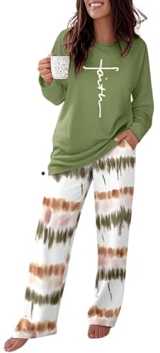 CHICME Womens Pajamas Sets 2 Piece Long Sleeve Lounge Set Printed Loose Pants Pj Sets Loungewear Tracksuits with Pockets Ombre Green-M