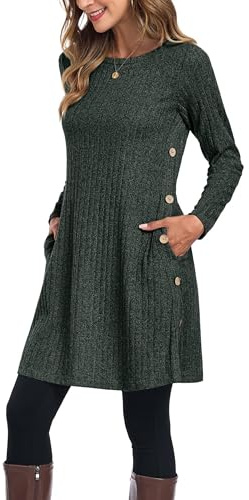 GRECERELLE Womens Winter Jumper Dresses Ladies Fall Casual Crew Neck Tunic Knitted Long Sleeve Dress with Pockets Side Buttons (Dark Green, XL)