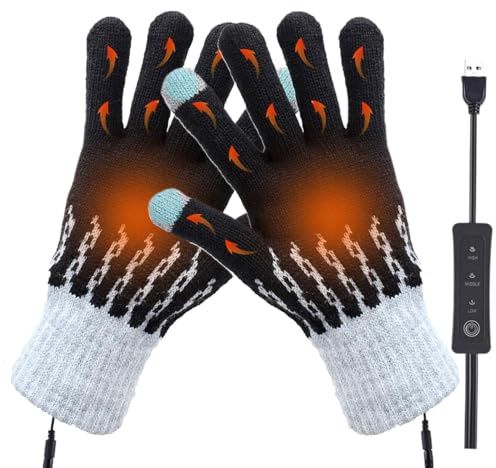 Uppvärmda handskar för män och kvinnor, skidhandskar med värme, dubbelsidig uppvärmd stickad ull, USB-handvärmare, handskar med 3 justerbar temperatur (37–45 ℃) för utomhusbruk, skidåkning, cykling