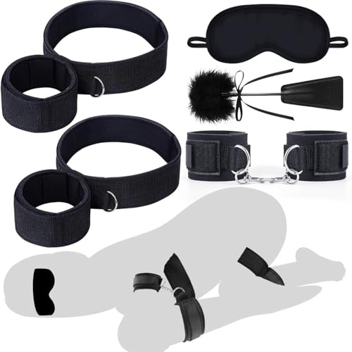 BDSM Bondage Set Sex Toys - Handcuffs Adult Woman Adult Toy Bed Restrains Sex Toys4couples Men & Women Erotic Game SM Play for Womens Couples Sex Swing Blindfold with Adjustable Handcuffs and Leg Rope