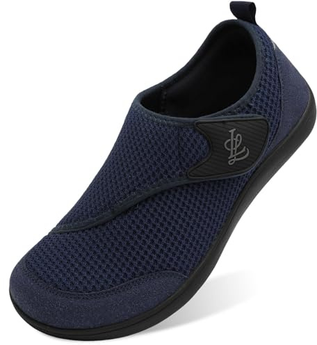 JIASUQI Barefoot Shoes Mens Wide Width Diabetic Shoes Breathable Walking Shoes Adjustable Zero Drop Sneakers for Edema Feet(Navy 44,9 UK)