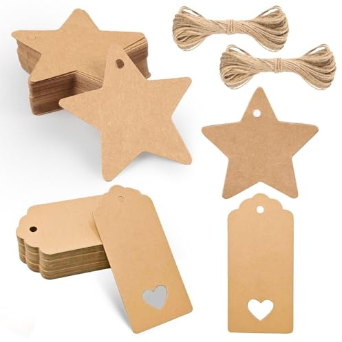COACOM 100 Etichette Regalo Marroni, Cuori d'Amore E Motivi A Stella A Cinque Punte, Adesivi Decorativi Avvolti A Mano, Materiali Fai-da-Te Caldi.