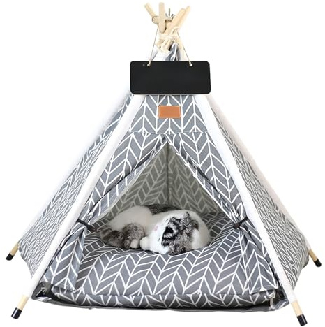 Tenda per Animali Domestici, Tenda per Gatti Interno Lavabile con Cuscino Spesso, Cuccia per Cani Piccolo Portatile in Legno di Pino Antiscivolo (G,M)