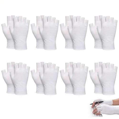 KOHVAN 8 Pares de Guantes de Algodón Dermatológicos Sin Dedos, Guantes Blancos de Tela para Manos Secas, Hidratantes, Dormir, Eczema y Tratamiento de Spa, Guantes de Algodón para Pantalla Táctil