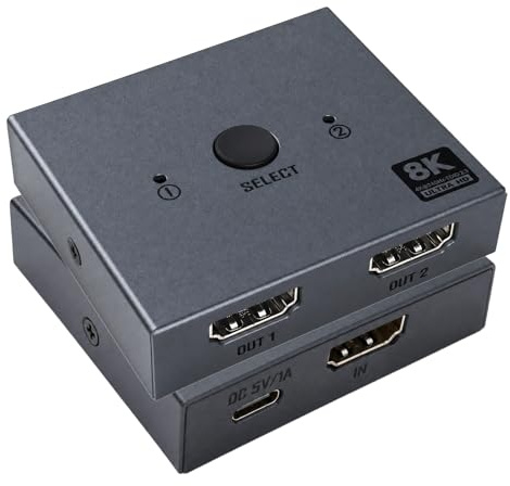 blicadijo HDMI-splitter 2 i 1 ut eller 1 i 2 Out – 8K aluminium hdmi-fördelare för 2 bildskärmar samtidigt stöder HDCP 1.4 UHD 1080P för HDTV bärbar dator PC – endast spegelläge, inget utökat läge