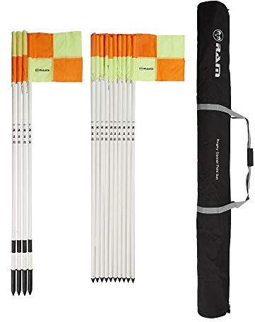 Ram Sports Rugby Pitch Markers, Complete Set 10 Standard Poles | 4 Flexible Safety Poles, 14 Neon Flags, Ideal for Schools, Clubs, and Matches