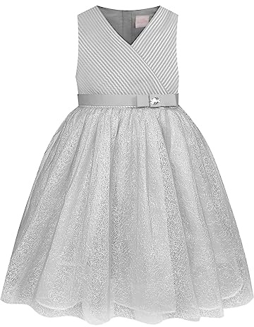 BONNY BILLY Vestido Niña Tul Brillante Ceremonia Fiesta Boda Sin Mangas con Cuello Pico 10-11 Años Plateado